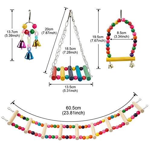 Comius Sharp Accesorios para Jaulas de Pájaros, 8 Piezas Colorido Aves Loros Juguetes Plataforma Soporte Perca de Pájaro, Escalera de Madera, Juguete Masticable, Columpios Juguetes con Campanas