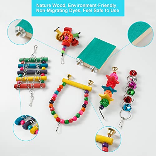Comius Sharp Accesorios para Jaulas de Pájaros, 8 Piezas Colorido Aves Loros Juguetes Plataforma Soporte Perca de Pájaro, Escalera de Madera, Juguete Masticable, Columpios Juguetes con Campanas