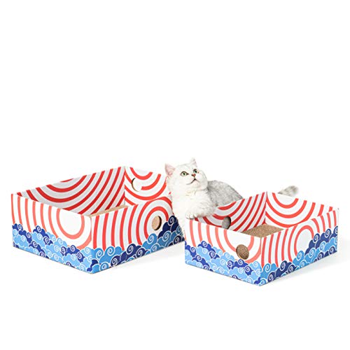 Conlun - Alfombrillas rascadoras para Gatos, Poste rascador para Gatos, rascador portátil de cartón Corrugado para Gatos con Caja para rascar Gatos y diseño de Orificio Interactivo - Grande - Rojo