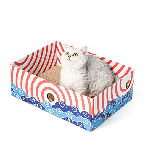 Conlun - Alfombrillas rascadoras para Gatos, Poste rascador para Gatos, rascador portátil de cartón Corrugado para Gatos con Caja para rascar Gatos y diseño de Orificio Interactivo - Grande - Rojo
