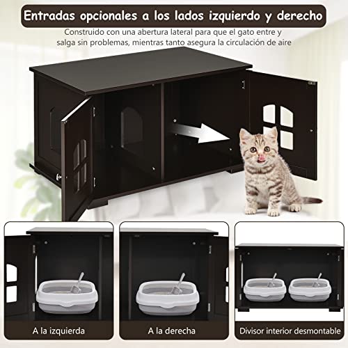 COSTWAY Arenero para Gatos, Casita-mesita de Noche para Gatos con Dobles Puertas y Ventanas, Arenero para Gatos con Entrada Lateral Opcional, Casita Decorativa Ventilada para Gatos (marrón)