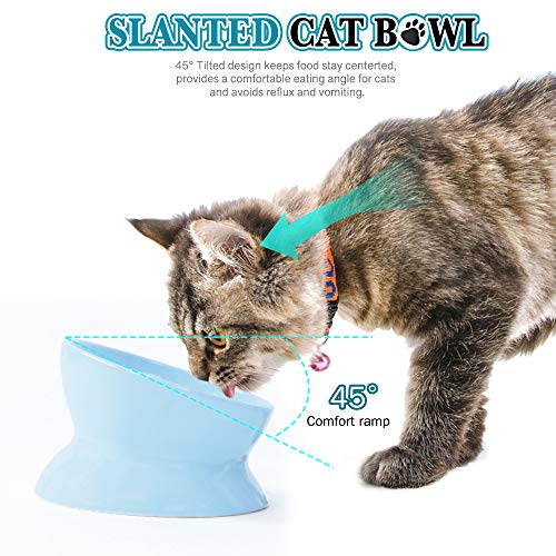 Cuenco de cerámica Elevado para Gatos, Comedero para Gatos Inclinado a 45 ° de Doble Uso para Colocar Comida para Gatos, Protege la Columna Vertebral del Gato, Evita el estrés (Azul)