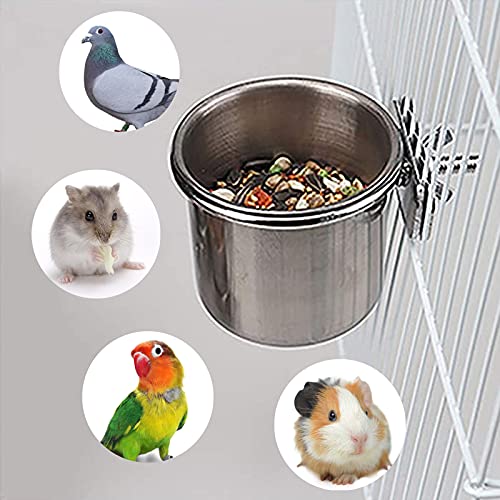 Cuenco de Comida Colgante 2 Piezas Comedero Inoxidable Loro con Gancho Contenedor de Comida para pájaros para Animales pequeños, pinzones,Periquito (4,4cm/5,5cm)