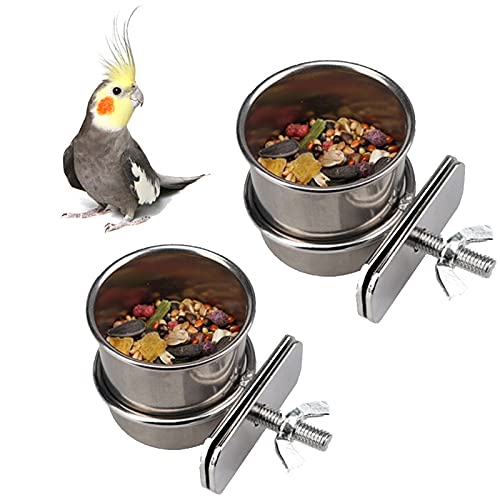 Cuenco de Comida Colgante 2 Piezas Comedero Inoxidable Loro con Gancho Contenedor de Comida para pájaros para Animales pequeños, pinzones,Periquito (4,4cm/5,5cm)