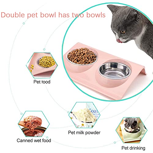 Cuenco del Gato,Cuenco Doble para Gatos,Comedero Gato 15° Inclinable Tazón Antideslizante Gato Cuenco,Comederos Perros Gatos para Gato y Perrito Cuenco para Gatos de Acero Inoxidable (Rosado)