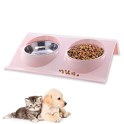 Cuenco del Gato,Cuenco Doble para Gatos,Comedero Gato 15° Inclinable Tazón Antideslizante Gato Cuenco,Comederos Perros Gatos para Gato y Perrito Cuenco para Gatos de Acero Inoxidable (Rosado)