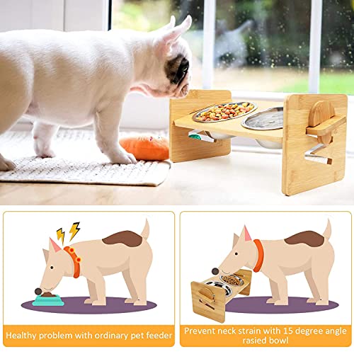 Cuenco para perros,Cuenco para perros altura ajustable,Comedero para Perro Doble para Perros Gatos,Soporte Elevado de Bambú para Perros Medianos y Perrito,Cuenco Elevado para Mascotas de Acero Inox