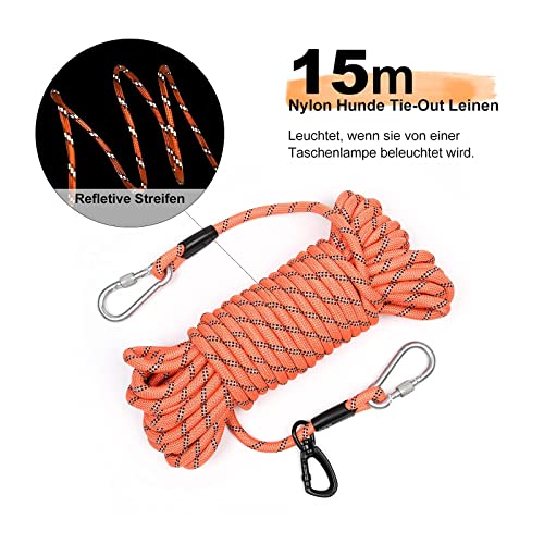 Cuerda de arrastre de 15 m para perros grandes, para exteriores, jardín y camping, con muelle amortiguador de golpes y cuerda de juguete para perros