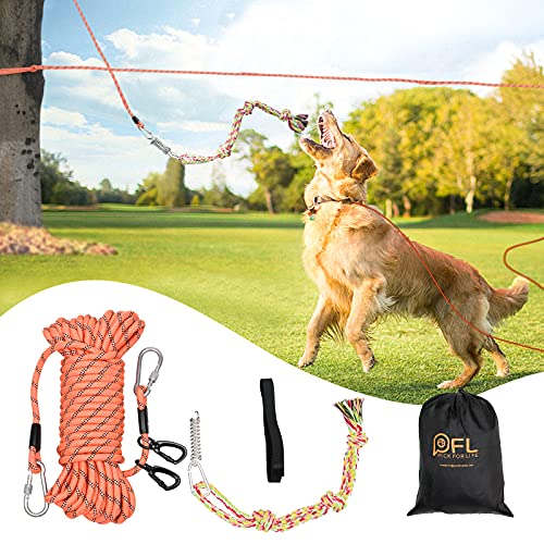 Cuerda de arrastre de 15 m para perros grandes, para exteriores, jardín y camping, con muelle amortiguador de golpes y cuerda de juguete para perros