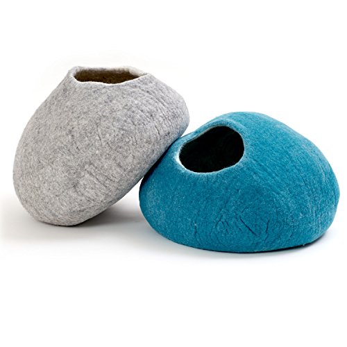 Cueva del Gato casa del Gato Cama del Gato XL – también para Gatos Grandes – Robusto en el Exterior y Peluche Suave en el Interior – Hecho a Mano de Lana de Nueva Zelanda – Azul Oceano