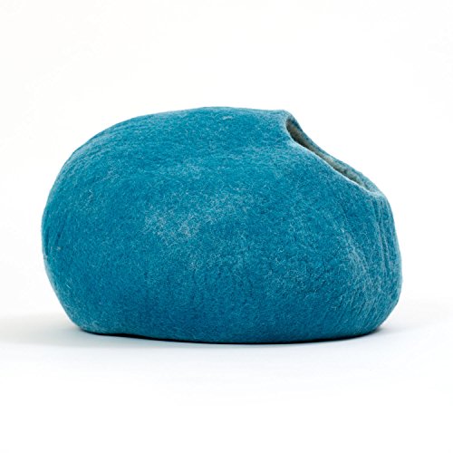 Cueva del Gato casa del Gato Cama del Gato XL – también para Gatos Grandes – Robusto en el Exterior y Peluche Suave en el Interior – Hecho a Mano de Lana de Nueva Zelanda – Azul Oceano