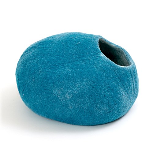 Cueva del Gato casa del Gato Cama del Gato XL – también para Gatos Grandes – Robusto en el Exterior y Peluche Suave en el Interior – Hecho a Mano de Lana de Nueva Zelanda – Azul Oceano