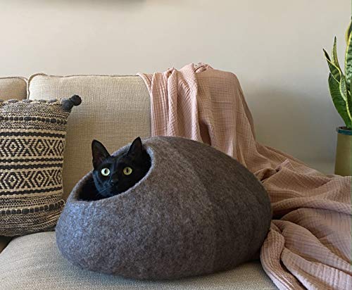 Cueva para Gatos y Perros pequeños en Tonos Natural I Cama de diseño contemporáneo y Fabricada con Fieltro 100% de Lana de Oveja I Casa para Mascotas Suave y práctica I Cat Cave Neutral