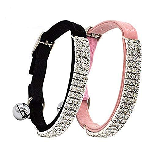DAIXI Terciopelo Ajustable Collar del Gato Seguro Suave con Campanas para el Perrito Gatito Negro + Rosa