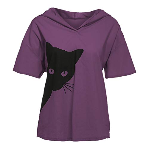 Dasongff Sudadera con capucha para mujer, camiseta de manga larga, cuello en V, estampado de gato, camiseta de verano, casual, suelta, camiseta morado S