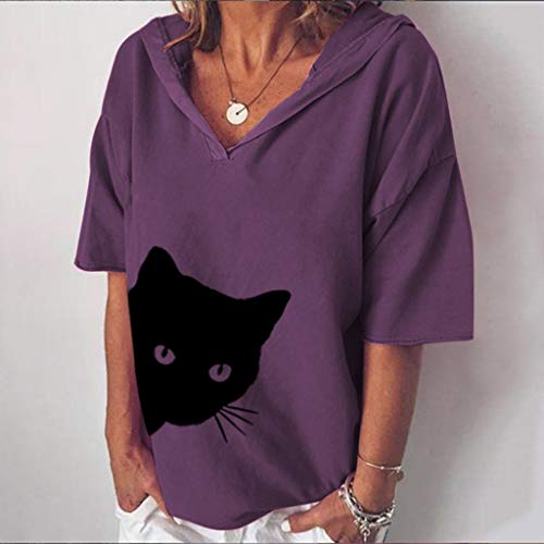 Dasongff Sudadera con capucha para mujer, camiseta de manga larga, cuello en V, estampado de gato, camiseta de verano, casual, suelta, camiseta morado S