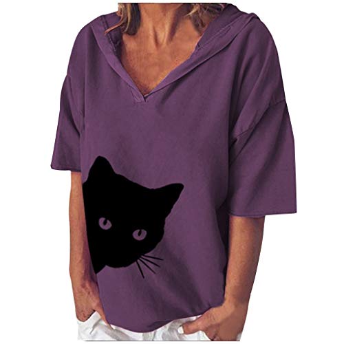 Dasongff Sudadera con capucha para mujer, camiseta de manga larga, cuello en V, estampado de gato, camiseta de verano, casual, suelta, camiseta morado S