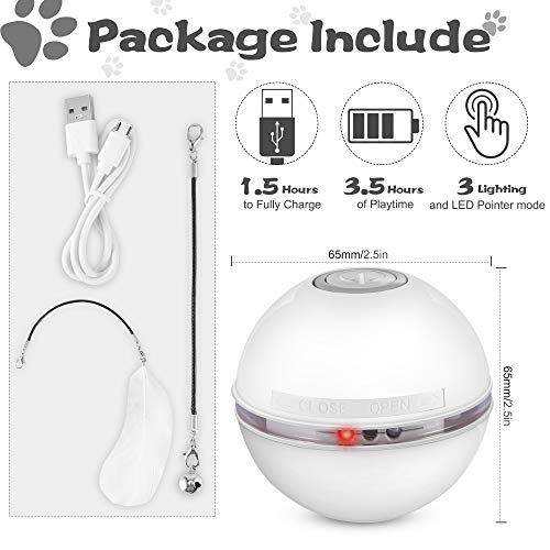 DazSpirit Juguetes para Gatos Interactivos Bola De Gato, Pelotas De Juguete para Gatos Eléctrica Interactivo Pelotas para Gatos con Luz Led, 360 Grados Automática Giratoria, Carga USB,Blanco