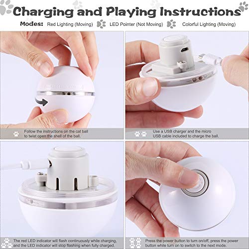 DazSpirit Juguetes para Gatos Interactivos Bola De Gato, Pelotas De Juguete para Gatos Eléctrica Interactivo Pelotas para Gatos con Luz Led, 360 Grados Automática Giratoria, Carga USB,Blanco