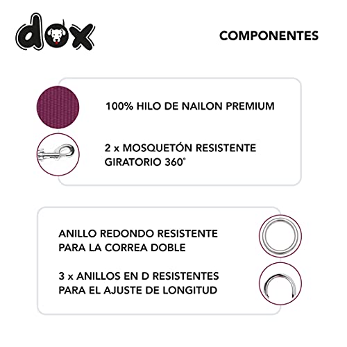 DDOXX Correa Perro de Nailon, Ajustable en 3 Direcciones, 2 m | Correas para Perros Grandes y Pequeños | Correa Doble para Perros, Gatos, Cachorros | Correa para Correr | Morado, S