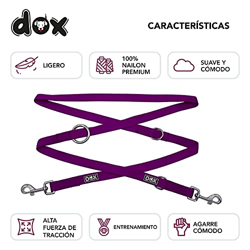 DDOXX Correa Perro de Nailon, Ajustable en 3 Direcciones, 2 m | Correas para Perros Grandes y Pequeños | Correa Doble para Perros, Gatos, Cachorros | Correa para Correr | Morado, S