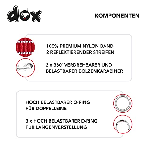 DDOXX Correa Perro Multiposición Nylon Reflectante, Ajustable en 3 tamaños, 2 m | Muchos Colores & Tamaños | para Perros Pequeño, Mediano y Grande | Correa Doble 2 Gato Cachorro | XS, Rojo, 2m