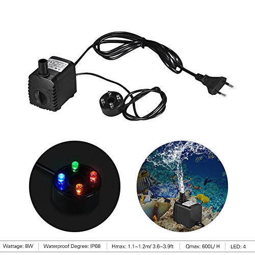 Decdeal - 600L/H 8W Bomba de Agua Sumergible con 4 Leds Luces Ultrasilencioso para Acuario Pecera Fuente de Sobremesa Hidroponía 4.9ft (1.5m) Cable de Alimentación