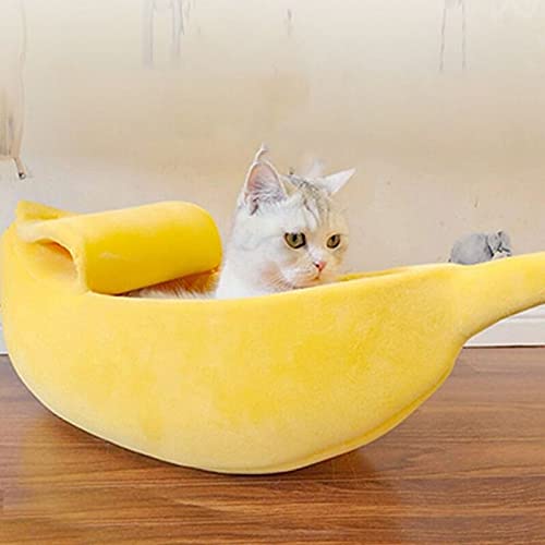 Delisouls Lindo cama de gato, cama de donut de felpa, suave en forma de plátano, casa de acogida para gatos, gatitos, conejos, perros pequeños y mascotas