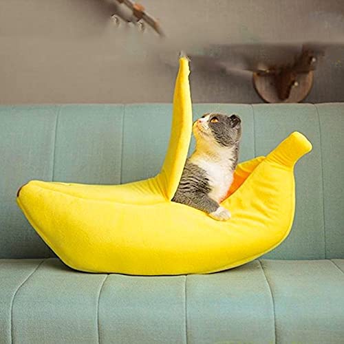 Delisouls Lindo cama de gato, cama de donut de felpa, suave en forma de plátano, casa de acogida para gatos, gatitos, conejos, perros pequeños y mascotas