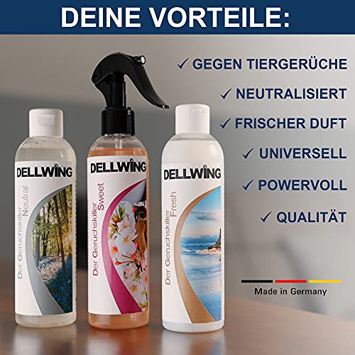 DELLWING Der geruchsskiller Premium Box - Spray neutralizador de olores (3 x 250 ml) - Eliminador de olores microbiológico para casa, gatos, perros, zapatos, humo, ropa, etc