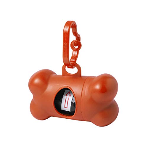 Dispensador de bolsas recoge cacas perro, dispensador con forma de hueso de bolsitas colectoras de excremento de perros y mascotas, 15 Bolsas Biodegradables (Naranja)