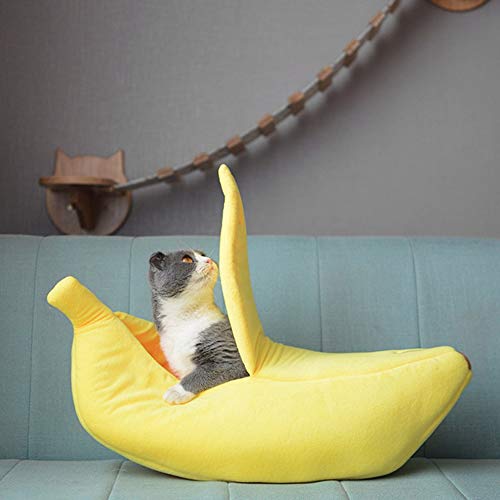 Divertida forma de plátano mascotas gato cama casa acogedor lindo cachorro plátano cojín perrera caliente portátil mascota cesta suministros estera camas (S)