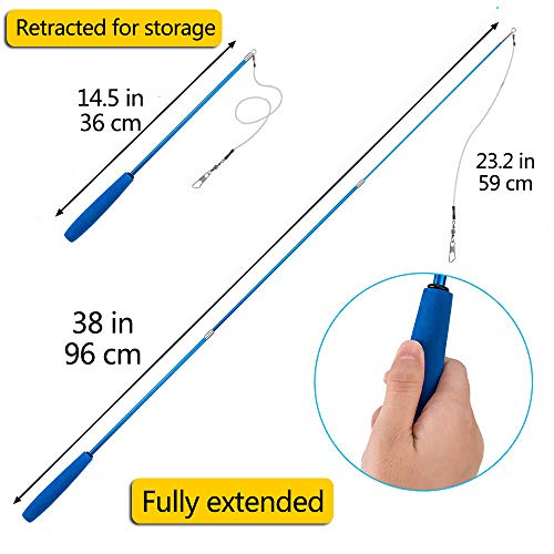 DIWUJI 9 PCS Juguete Pluma de Gato Interactivo, Varita Retráctil y 8 PCS Plumas de Recambio con Campana, Juguete para Gatos Gusanos, Peces voladores Azules, Varita para Ejercitar Gatos y Gatitos