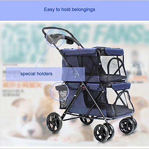 DongYuYuXuXi De Peso Ligero Plegable Coche Doble del Perro Casero Cochecito del Animal Doméstico del Gato Jaula Cuatro Recorrido De La Rueda Exterior (Color : Blue)