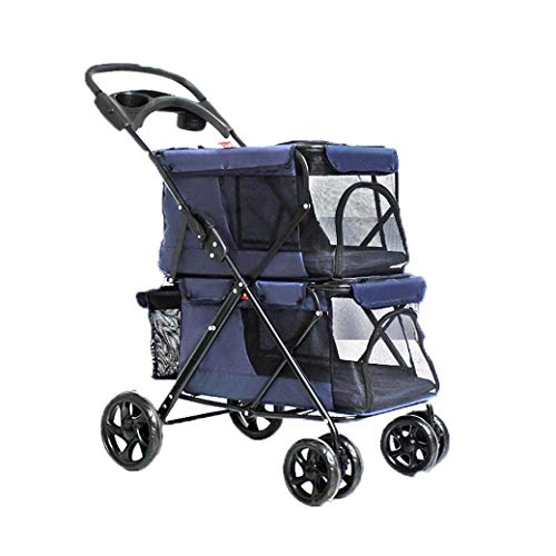 DongYuYuXuXi De Peso Ligero Plegable Coche Doble del Perro Casero Cochecito del Animal Doméstico del Gato Jaula Cuatro Recorrido De La Rueda Exterior (Color : Blue)
