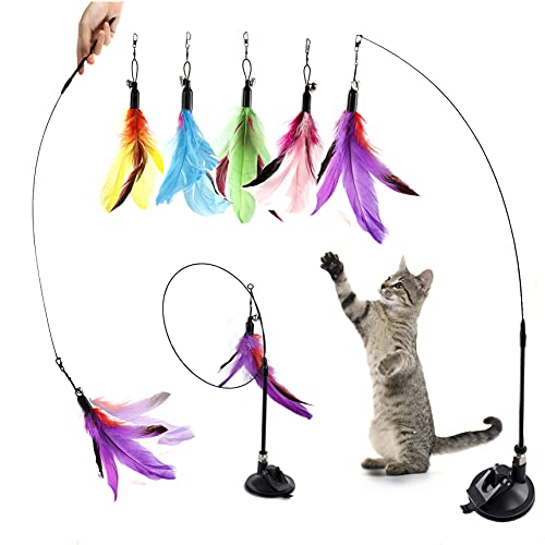 Dorakitten Plumas de Juguete interactivas para Gatos - Juguete para Gatos Gato Ángel Ventosa Cable de Acero de Mano Fijo con 5 Piezas Juego de reemplazo de Cabeza de Pluma