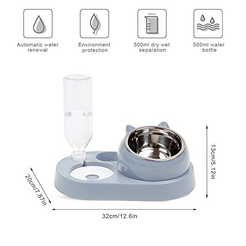 Dzmuero cuenco de gato elevado,Comedero para Perros y Gatos Perros y gatos Juego de cuencos dobles 500ml dispensador automático de agua para mascotas cuenco para gatos con diseño inclinable (gris)