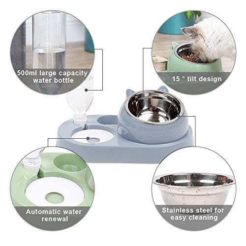 Dzmuero cuenco de gato elevado,Comedero para Perros y Gatos Perros y gatos Juego de cuencos dobles 500ml dispensador automático de agua para mascotas cuenco para gatos con diseño inclinable (gris)