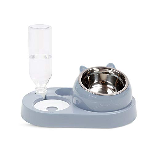 Dzmuero cuenco de gato elevado,Comedero para Perros y Gatos Perros y gatos Juego de cuencos dobles 500ml dispensador automático de agua para mascotas cuenco para gatos con diseño inclinable (gris)