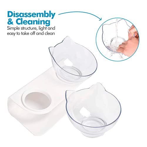Edipets, Comedero Gato, Bebedero Gatos, Transparente, Tazón Doble Ajustable, Cuenco con Soporte Elevado, Agua y Comida, Evita Lesiones Cervicales (Doble)