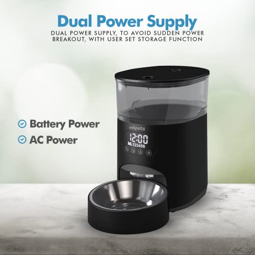 Edipets, Comedero Gato Perro Automático, Dispensador Comida Gatos, Control del Tiempo, hasta 6 Comidas al Día, 3.5L, Adecuado para Mascotas Pequeñas y Medianas (Negro)