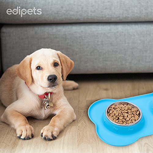 Edipets, Comedero Perro Gato y Mascotas, Bebedero Perro Gatos, Doble Plato Extraíble de Acero Inoxidable, Base de Silicona Antideslizante (Tamaño S - 300 Gr, Azul)