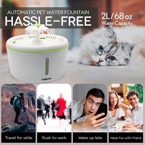 Edipets, Fuente para Gatos, Bebedero para Mascotas Perro, Accesorio Dispensador de Agua , Bebedero Gatos , Silenciosa, Ventana de Control de Nivel, Incluye 2 Cepillos y 3 Filtros de Carbón