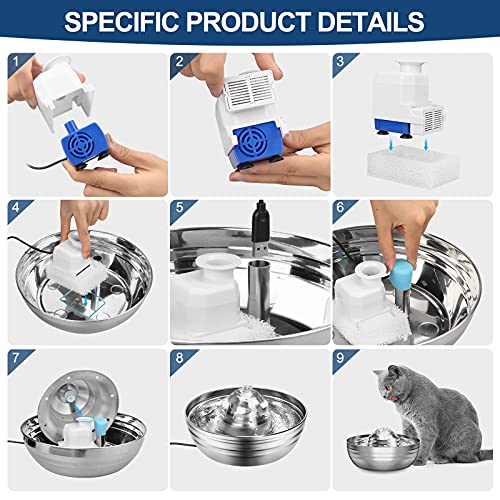 Eyglo Fuente de Agua para Gatos de Acero Inoxidable 304,Fuente de Agua para Mascotas de 2L de Capacidad con Bomba Ultra Silenciosa, Fácil deLimpiar,Dispensador de Agua Automático para Perros y Gatos