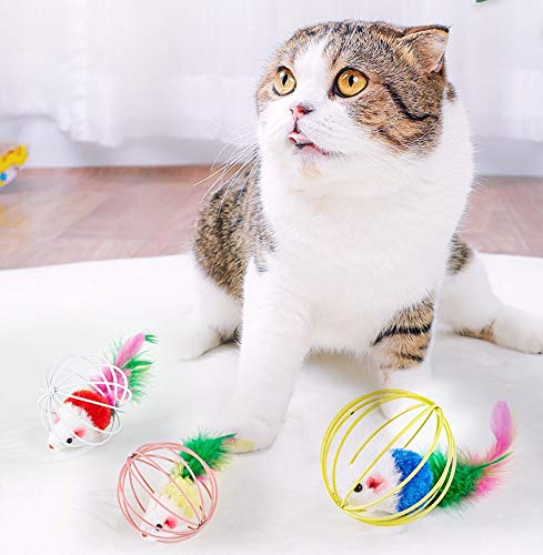 FayTun Bolas de Juguete para Gatos, Gato Gatito Divertido Ratón en Jaula Juguete de Pelota para Gatos, Juguete Interactivo de Plumas para Gatos Jaula Juguetes de Peluche 3pc para Gatitos y Gatas