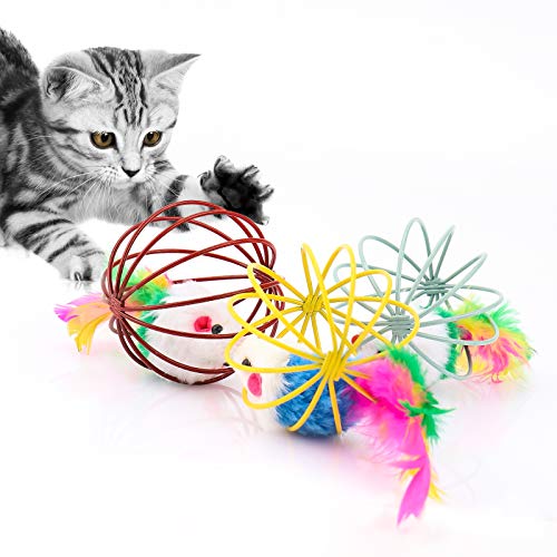 FayTun Bolas de Juguete para Gatos, Gato Gatito Divertido Ratón en Jaula Juguete de Pelota para Gatos, Juguete Interactivo de Plumas para Gatos Jaula Juguetes de Peluche 3pc para Gatitos y Gatas
