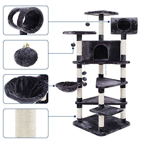 FEANDREA Árbol para Gatos, Gran Rascador con Caseta, Plataformas Grandes, Cesta, Postes Recubiertos por Cuerda de Sisal, Antracita PCT17G