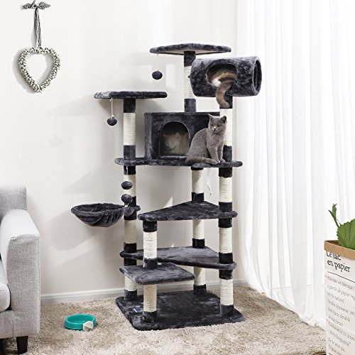FEANDREA Árbol para Gatos, Gran Rascador con Caseta, Plataformas Grandes, Cesta, Postes Recubiertos por Cuerda de Sisal, Antracita PCT17G