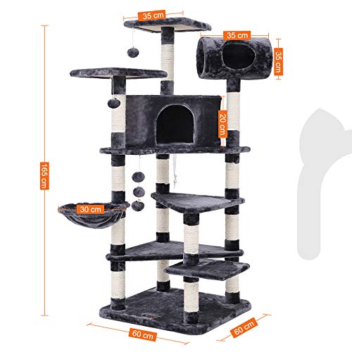 FEANDREA Árbol para Gatos, Gran Rascador con Caseta, Plataformas Grandes, Cesta, Postes Recubiertos por Cuerda de Sisal, Antracita PCT17G