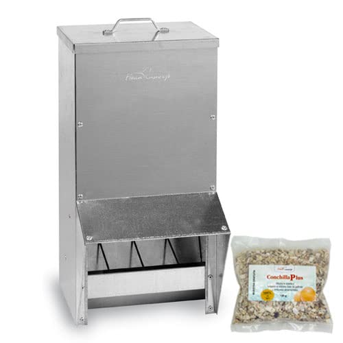 FINCA CASAREJO - Tolva Chapa Galvanizada 17kg - Comedero para Aves de Corral - Incluye 150 Gramos de Conchilla Plus y Guía de Alimentación de Las Gallinas